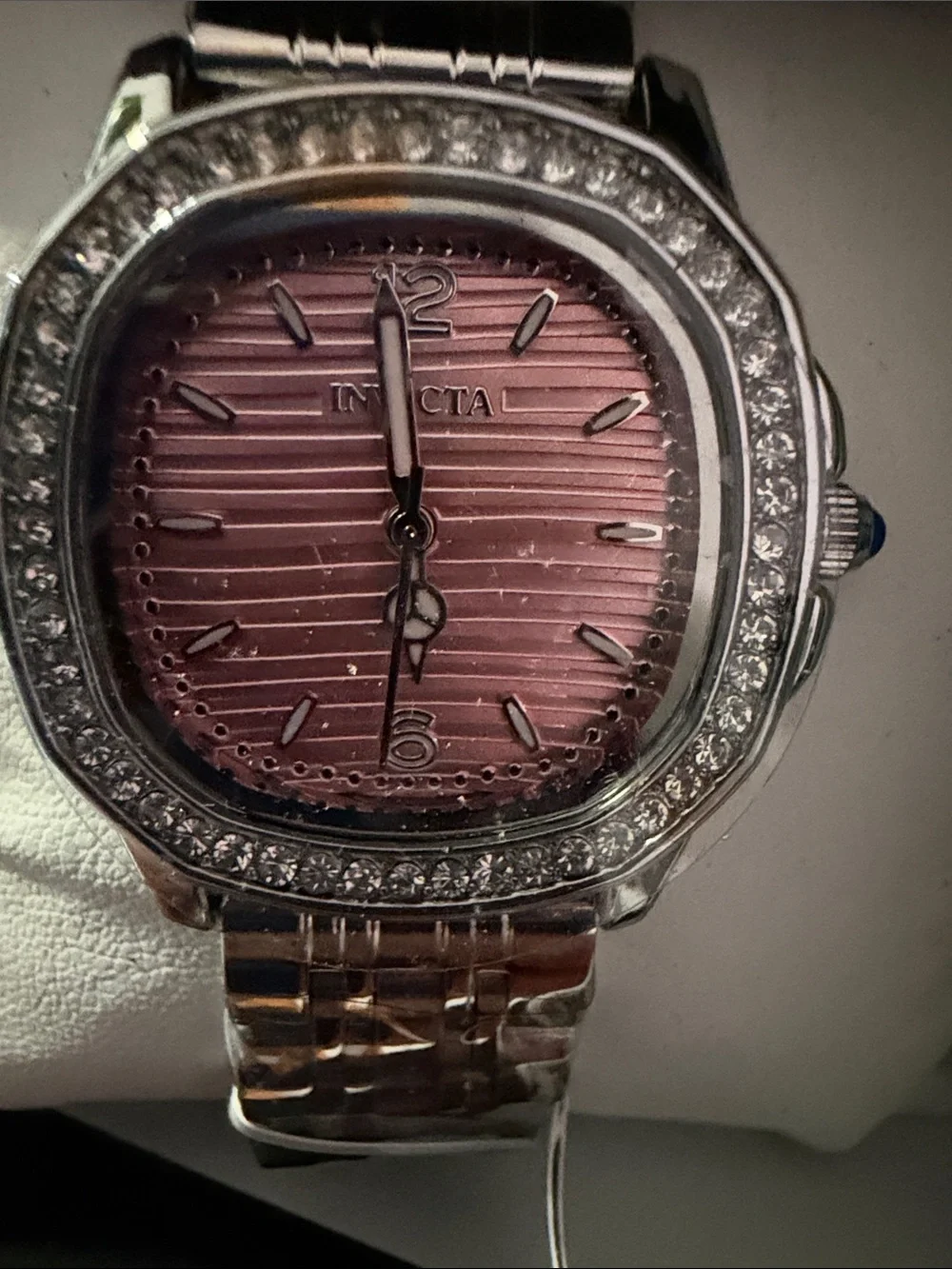 Invicta Silver wildflower Bracelet Watch with Pink Textured Dial and Crystal Bez